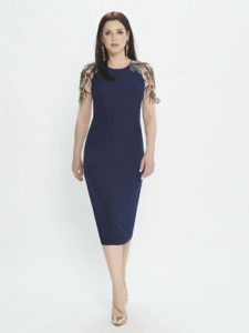 Style #M538, sheath dress with high neckline and embroidered sleeves, available in blue, red, pink, ivory, available in blue, red, pink, ivory
