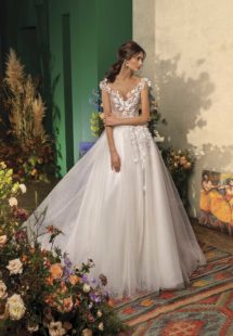 Style #2035L, ball gown wedding dress with floral appliqueand cap sleeves, available in ivory on nude base, ivory