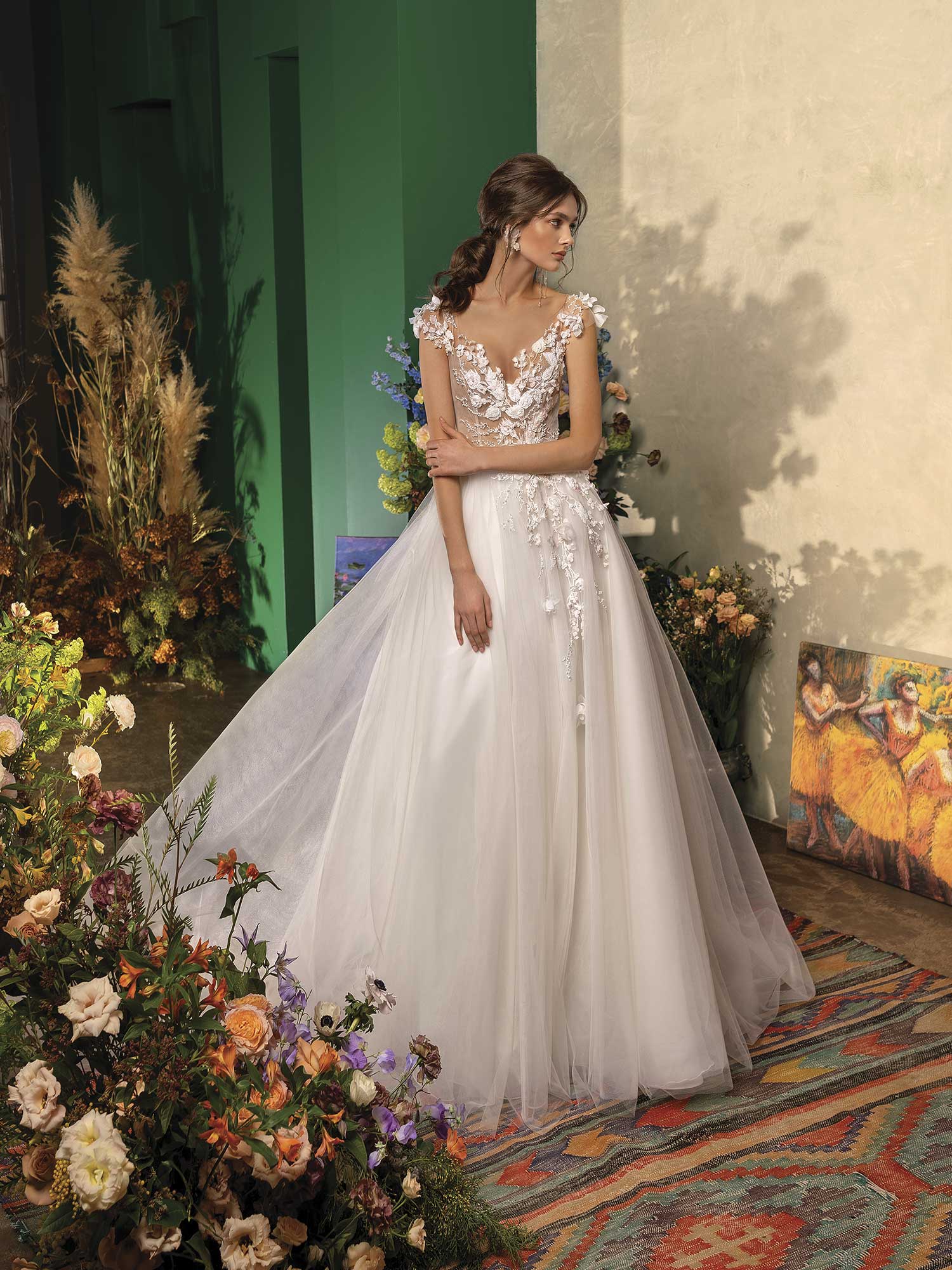 Style #2035L, ball gown wedding dress with floral appliqueand cap sleeves, available in ivory on nude base, ivory