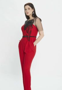 Style #M534-8, jumpsuit with illusion sleeves and floral applique, available in blue, red, pink, ivory