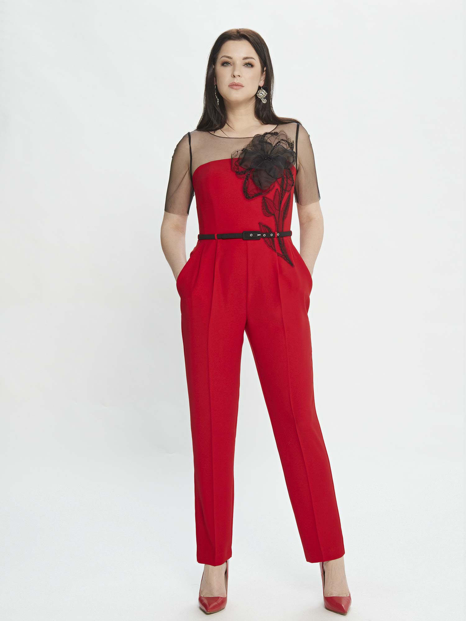 Style #M534-8, jumpsuit with illusion sleeves and floral applique, available in blue, red, pink, ivory