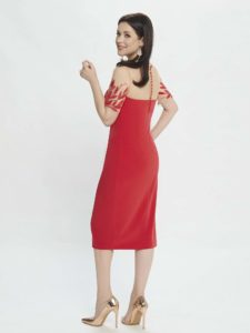 Style #M514, sheath dress with embroidered sleeves, available in powder, black, raspberry, ivory