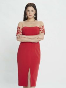 Style #M514, sheath dress with embroidered sleeves, available in powder, black, raspberry, ivory