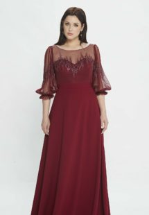 Style #M527, A-line evening dress with bishop sleeves and embroidery, available in burgundy, powder, black, ivory