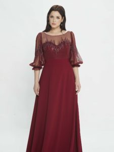 Style #M527, A-line evening dress with bishop sleeves and embroidery, available in burgundy, powder, black, ivory