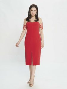 Style #M514, sheath dress with embroidered sleeves, available in powder, black, raspberry, ivory