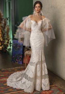 Style #2018L, mermaid wedding dress with bell sleeves, available in ivory