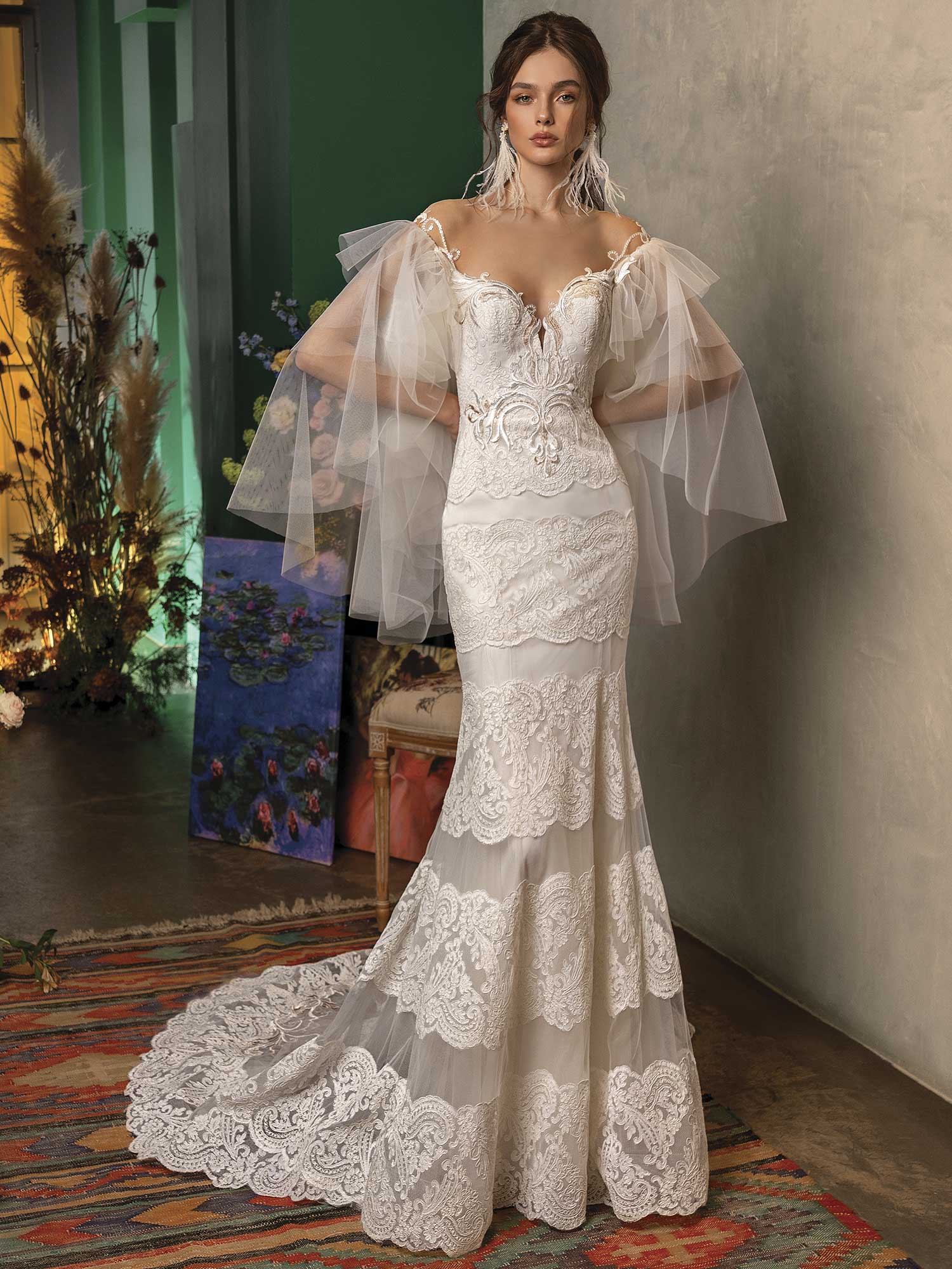 Style #2018L, mermaid wedding dress with bell sleeves, available in ivory