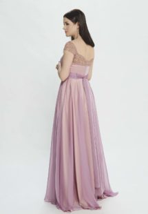 Style #M520, A-line evening dress with embroidery and cap sleeves, available in burgundy, pink-lilac, grey, coral, ivory