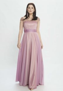 Style #M520, A-line evening dress with embroidery and cap sleeves, available in burgundy, pink-lilac, grey, coral, ivory