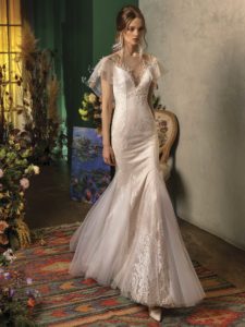 Mermaid wedding dress with butterfly sleeves, available in dark ivory, ivory