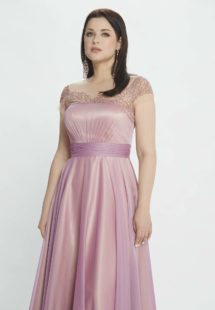 Style #M520, A-line evening dress with embroidery and cap sleeves, available in burgundy, pink-lilac, grey, coral, ivory