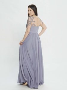 Style #M517, A-line evening dress with embroidered sleeves and illusion back, available in pink, powder, grey-light-blue (smoke blue), cherry, lilac, black, ivory