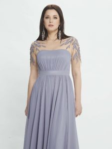 Style #M517, A-line evening dress with embroidered sleeves and illusion back, available in pink, powder, grey-light-blue (smoke blue), cherry, lilac, black, ivory
