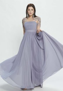 Style #M517, A-line evening dress with embroidered sleeves and illusion back, available in pink, powder, grey-light-blue (smoke blue), cherry, lilac, black, ivory