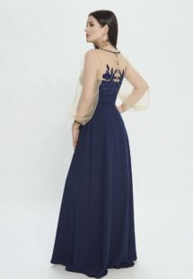 Style #M533, maxi dress with bishop sleeves and belt at waist, available in blue, red, pink , ivory