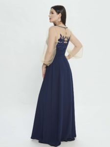 Style #M533, maxi dress with bishop sleeves and belt at waist, available in blue, red, pink , ivory