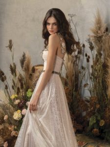 A-line wedding dress with bustier bodice and floral embroidery, available in ivory, dark ivory