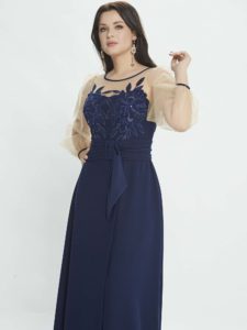 Style #M533, maxi dress with bishop sleeves and belt at waist, available in blue, red, pink , ivory
