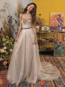 A-line wedding dress with bustier bodice and floral embroidery, available in ivory, dark ivory