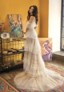 Style #2021L, A-line wedding dress with off-the-shoulder neckline and ruffled layers, available in ivory