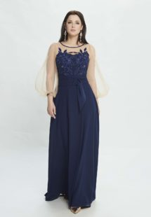 Style #M533, maxi dress with bishop sleeves and belt at waist, available in blue, red, pink , ivory