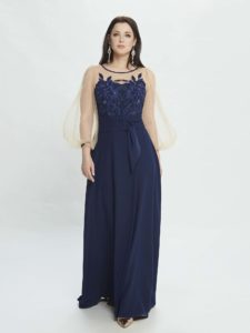 Style #M533, maxi dress with bishop sleeves and belt at waist, available in blue, red, pink , ivory