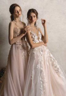 Style #2025aL, A-line wedding dress with floral applique, available in nude-pink, ivory-pink; Style #2024L, available in ivory-pink, ivory