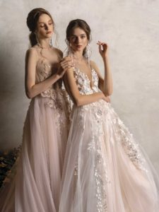 Style #2025aL, A-line wedding dress with floral applique, available in nude-pink, ivory-pink; Style #2024L, available in ivory-pink, ivory