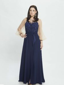 Style #M533, maxi dress with bishop sleeves and belt at waist, available in blue, red, pink , ivory