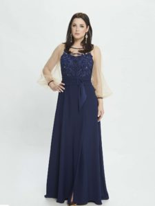 Style #M533, maxi dress with bishop sleeves and belt at waist, available in blue, red, pink , ivory
