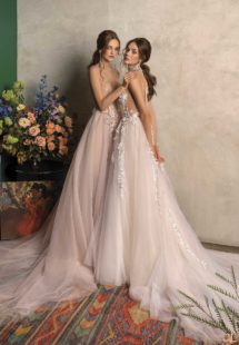 Style #2025aL, A-line wedding dress with floral applique, available in nude-pink, ivory-pink; Style #2024L, available in ivory-pink, ivory