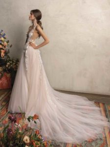 A-line wedding dress with plunging neckline, available in ivory-pink, ivory