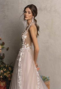 Style #2024L, A-line wedding dress with plunging neckline, available in ivory-pink, ivory