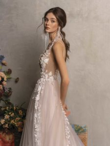 Style #2024L, A-line wedding dress with plunging neckline, available in ivory-pink, ivory