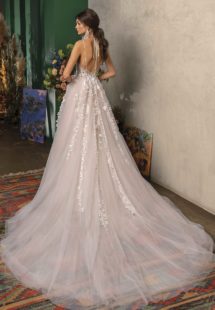 Style #2024L, A-line wedding dress with plunging neckline, available in ivory-pink, ivory