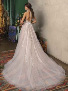 A-line wedding dress with plunging neckline, available in ivory-pink, ivory