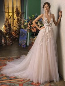 Style #2024L, A-line wedding dress with plunging neckline, available in ivory-pink, ivory
