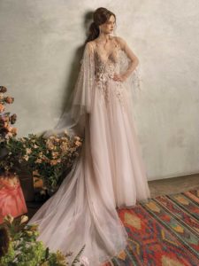 A-line wedding dress with floral applique, available in nude-pink, ivory -pink