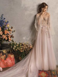 A-line wedding dress with floral applique, available in nude-pink, ivory -pink