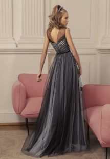 Style #500, A-line evening gown with illusion neckline and ruched bodice, available in black