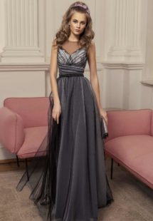 Style #500, A-line evening gown with illusion neckline and ruched bodice, available in black