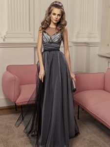 Style #500, A-line evening gown with illusion neckline and ruched bodice, available in black