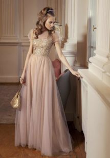 Style #501, A-line evening gown with cap sleeves and embellished bodice, available in ivory-nude, powder