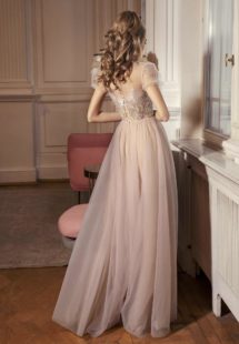 Style #501, A-line evening gown with cap sleeves and embellished bodice, available in ivory-nude, powder