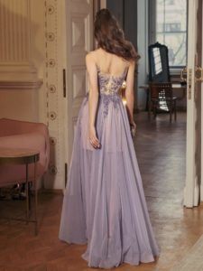 Style #502, A-line maxi dress with plunging illusion neckline and embellished bodice, available in lilac