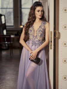 Style #502, A-line maxi dress with plunging illusion neckline and embellished bodice, available in lilac