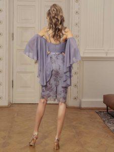 Style #503, short dress with floral skirt and off the shoulder trumpet sleeves, available in lilac, smoky