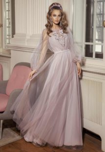 Style #506, maxi dress with bishop sleeves, buttons, and embroidery, available in ivory, black, powder, lilac, cherry, grey-light-blue (smoke blue), grey-blue