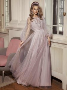 Style #506, maxi dress with bishop sleeves, buttons, and embroidery, available in ivory, black, powder, lilac, cherry, grey-light-blue (smoke blue), grey-blue